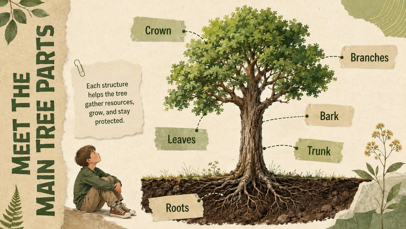 Labeled tree anatomy diagram identifying roots, trunk, branches, crown, and leaves for a science lesson.