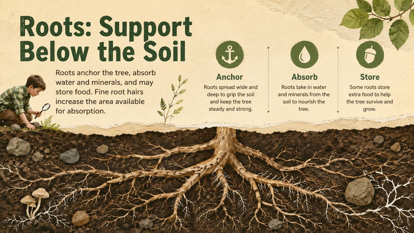 Classroom science slide explaining how tree roots anchor the plant and absorb water and minerals.