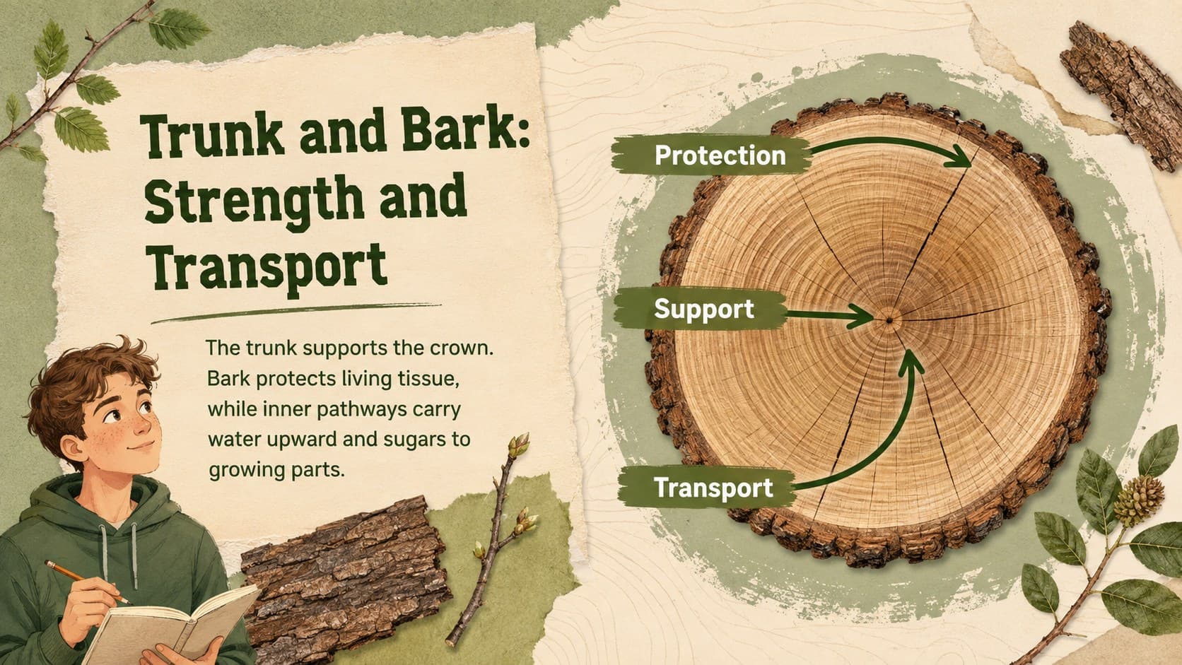 Tree trunk and bark diagram explaining support, protection, and movement of water and sugars.