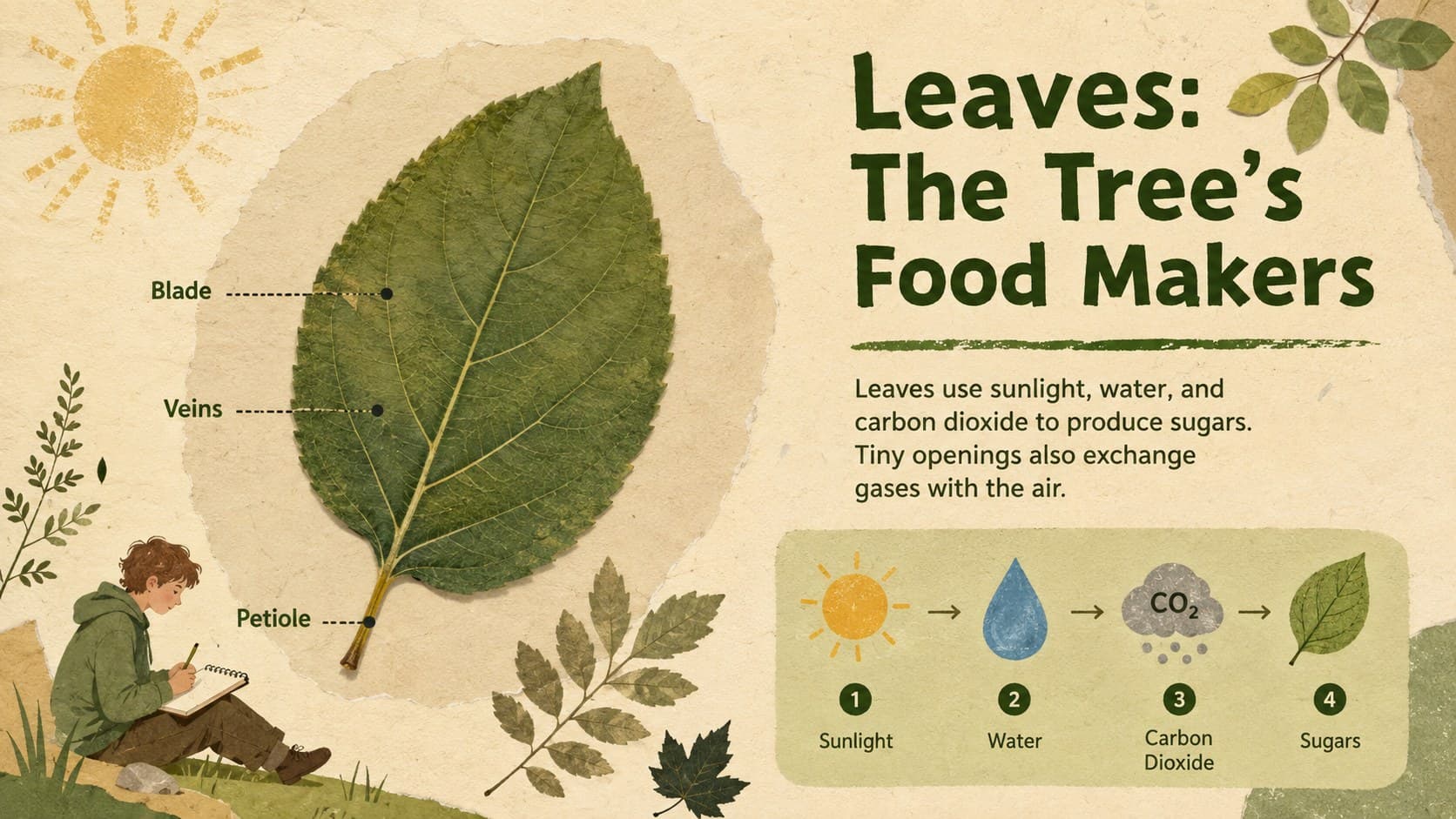 Leaf science slide showing blade, veins, petiole, and the role of sunlight in making food.