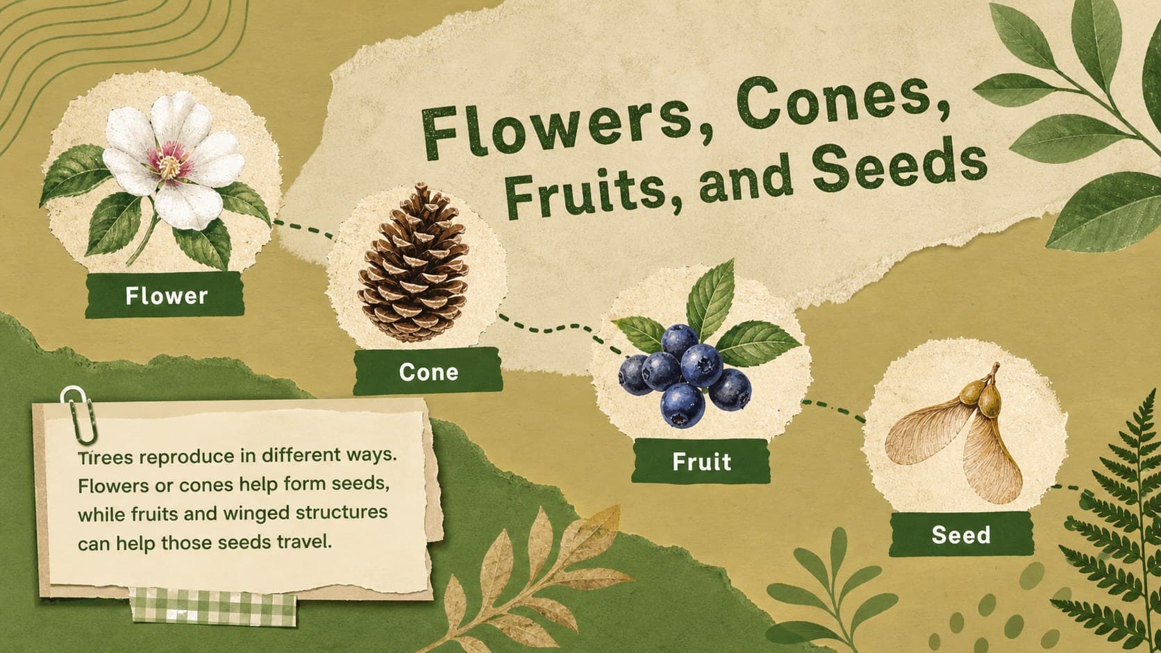 Botany lesson slide illustrating flowers, cones, fruits, and seeds as tree reproductive structures.