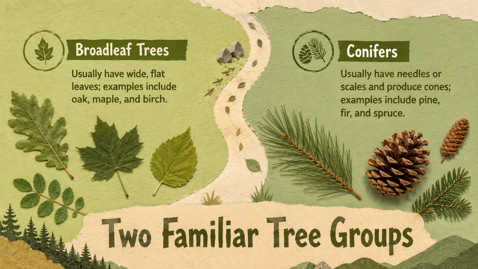 Tree classification comparison of broadleaf and conifer species using leaf and cone specimens.