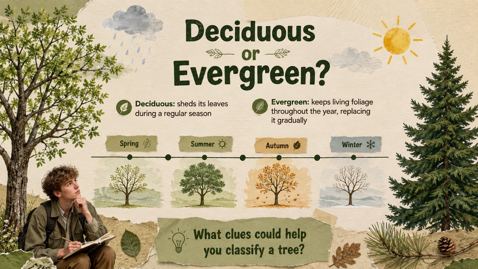 Deciduous and evergreen teaching deck slide comparing seasonal leaf loss with year-round foliage.