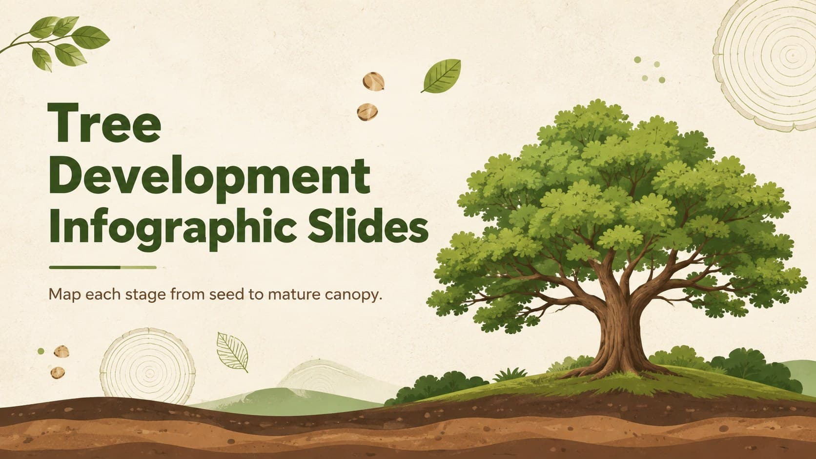 Cover for Tree Development Infographic Slides featuring an illustrated tree in an earthy green, brown, and beige palette.