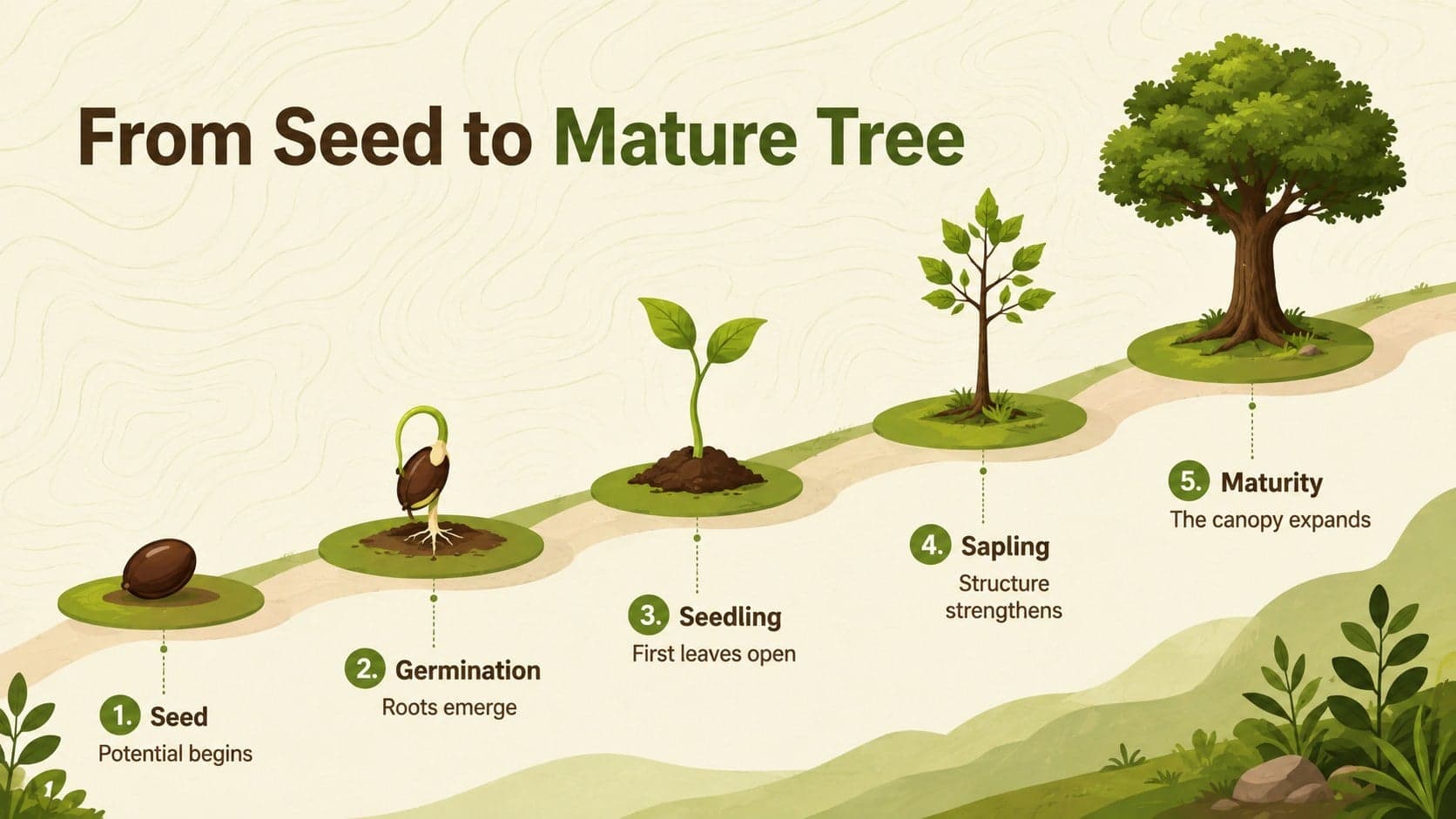 Seed to mature tree diagram showing five clearly labeled stages of plant development.