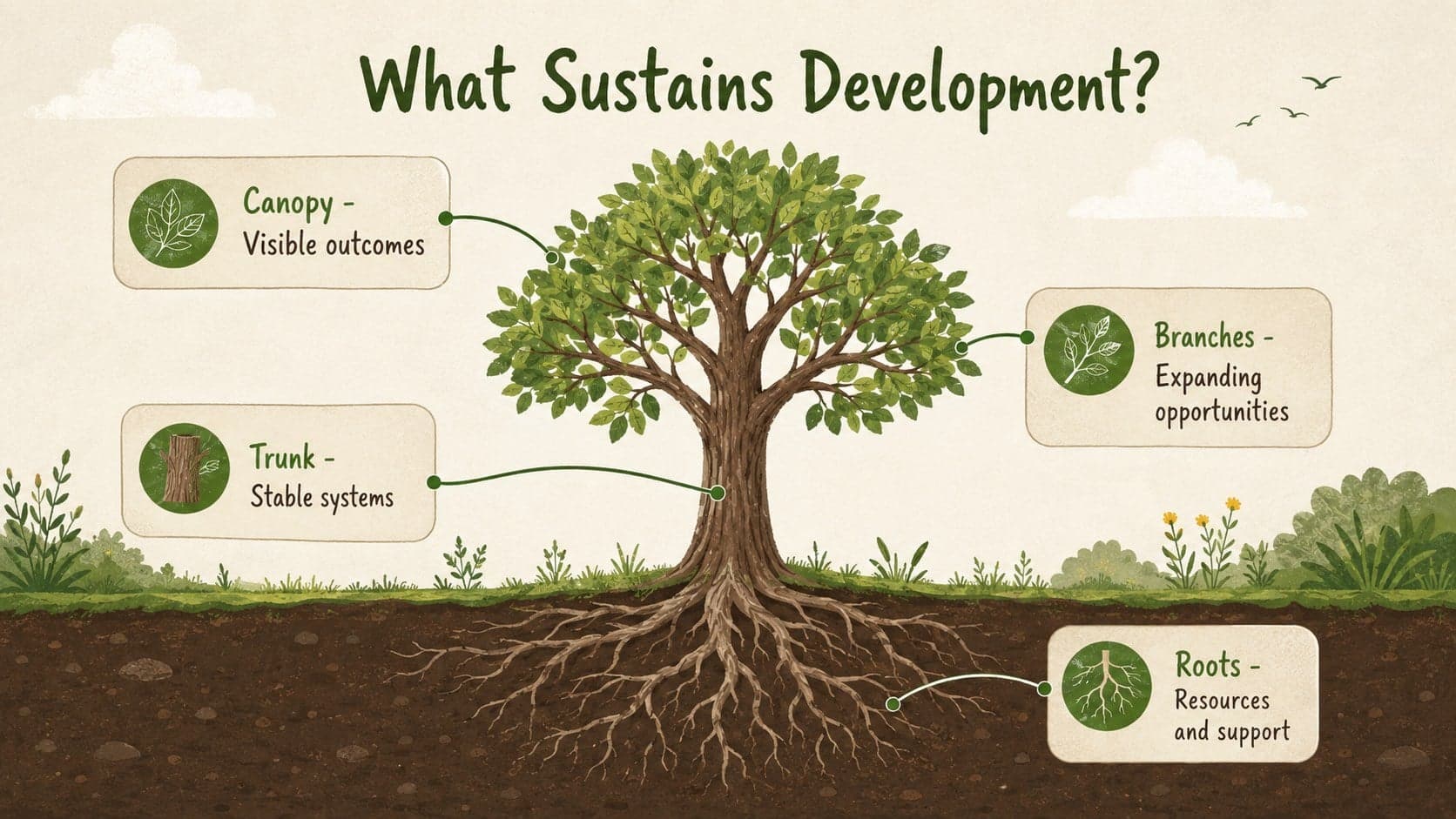 Editable growth stages infographic using roots, trunk, branches, and canopy to organize development factors.