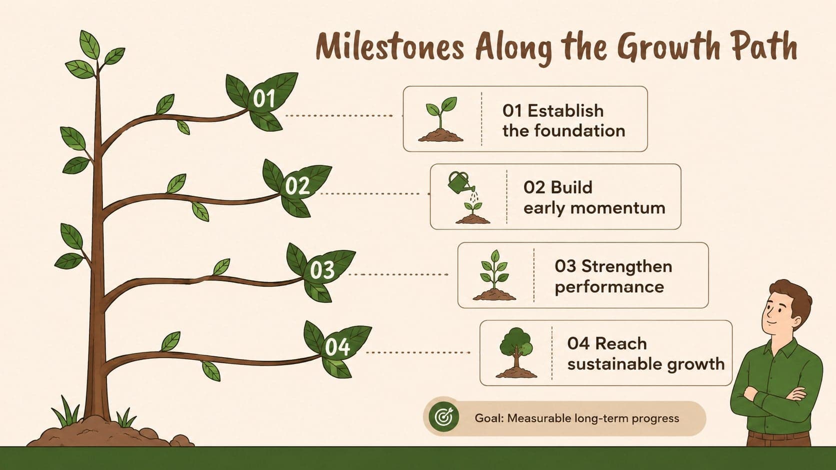 Project milestone tree infographic with four branching checkpoints leading toward a defined growth goal.
