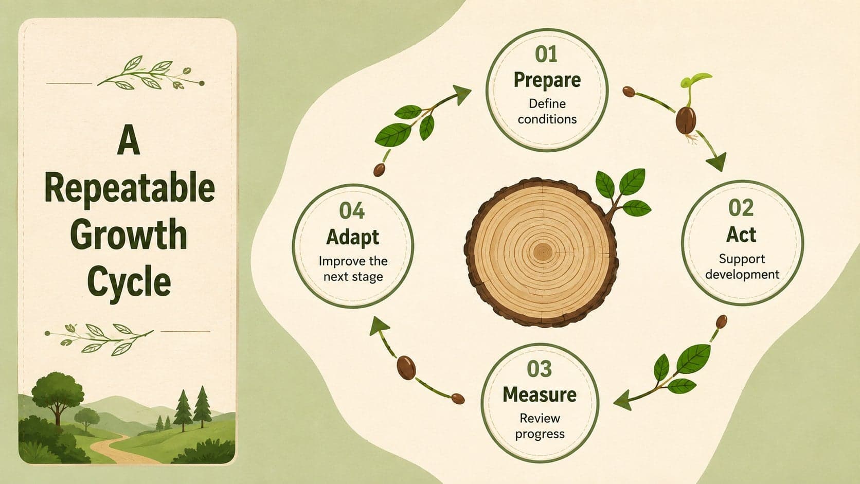 Tree growth cycle slide illustrating preparation, action, measurement, and adaptation as a repeating process.