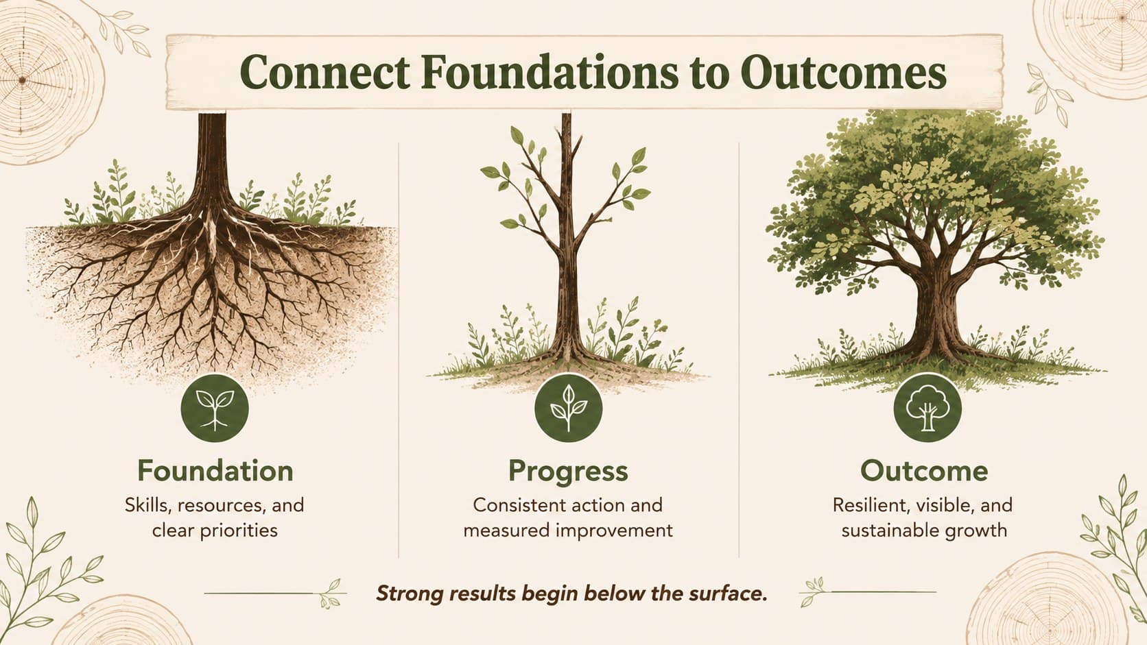 Business growth tree diagram comparing early foundations, current progress, and future outcomes.