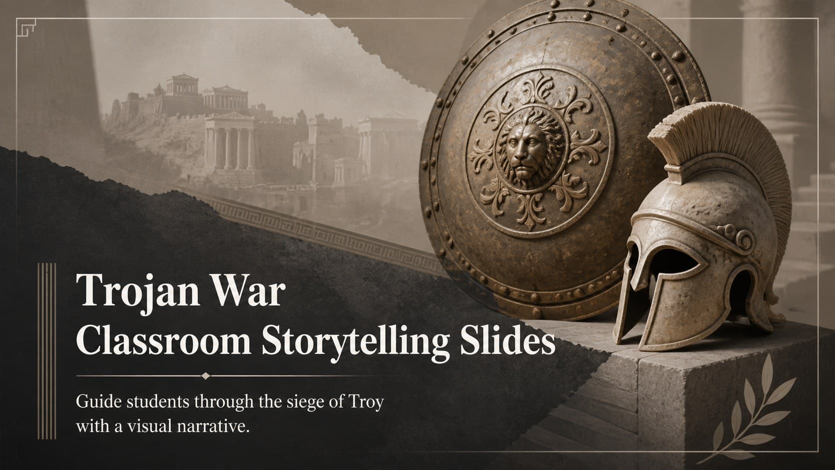 Cover for Trojan War classroom storytelling slides with classical imagery and a neutral minimalist layout.