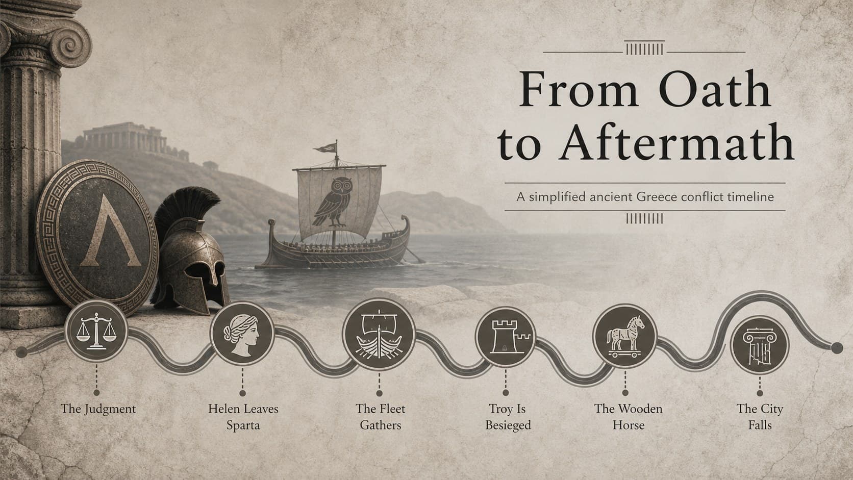 Ancient Greece conflict timeline showing major events in a middle school Trojan War lesson.