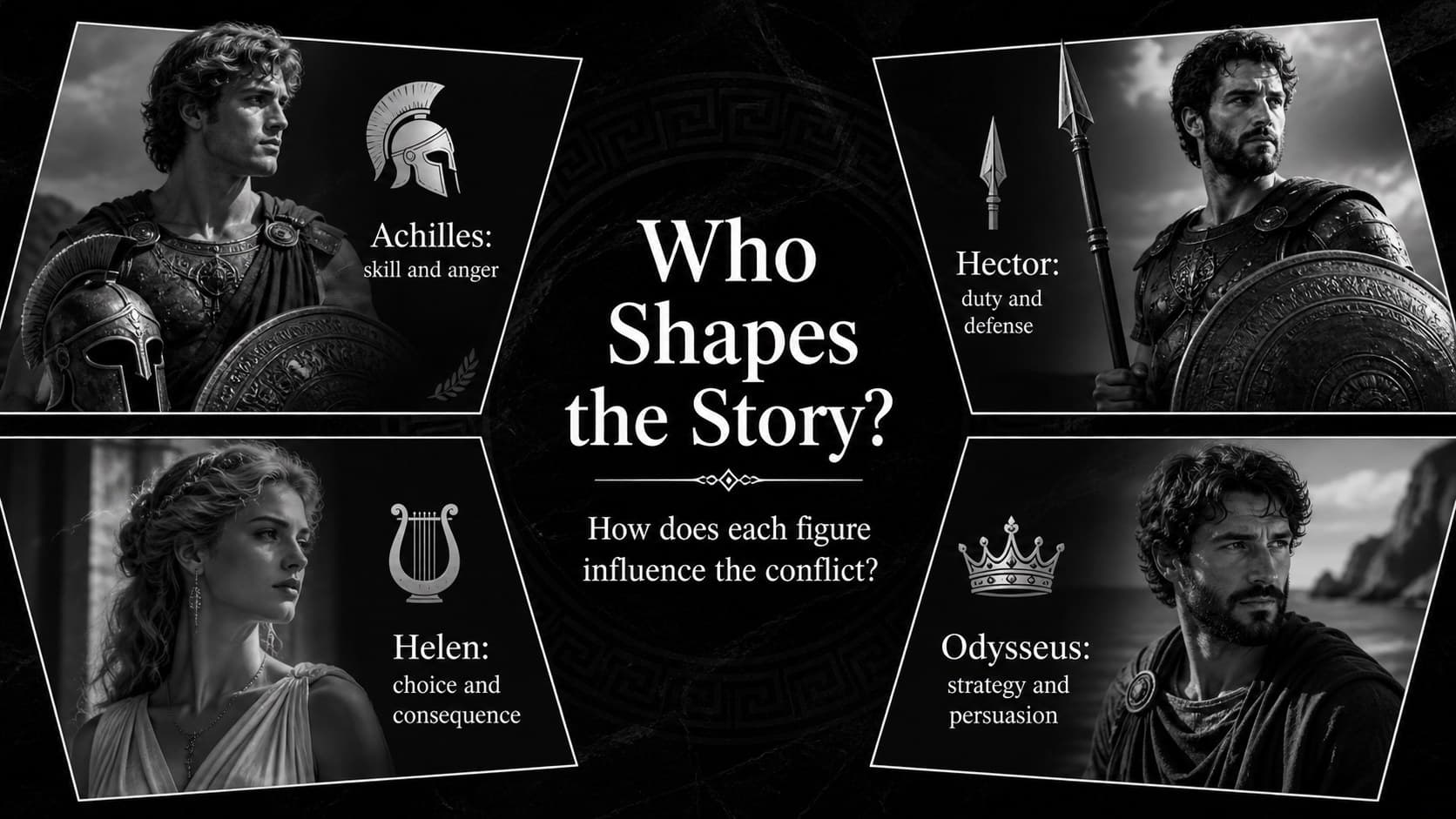 Greek and Trojan character overview for an editable Iliad classroom deck.
