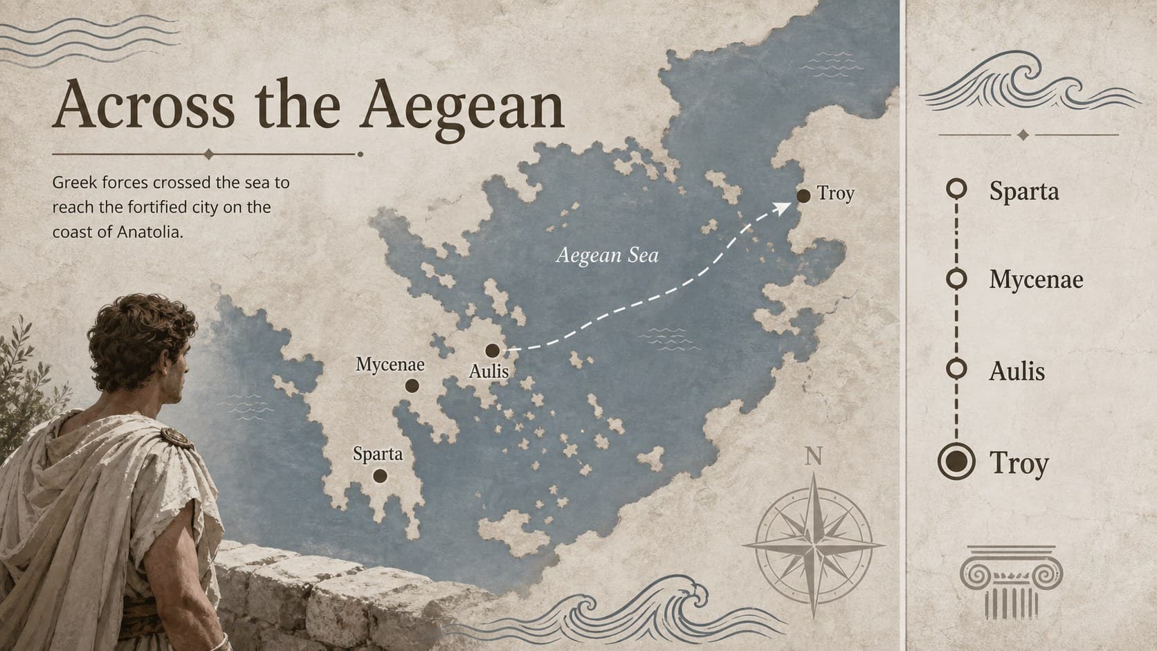 Map-based siege of Troy history presentation slide locating Troy, Sparta, and the Aegean Sea.