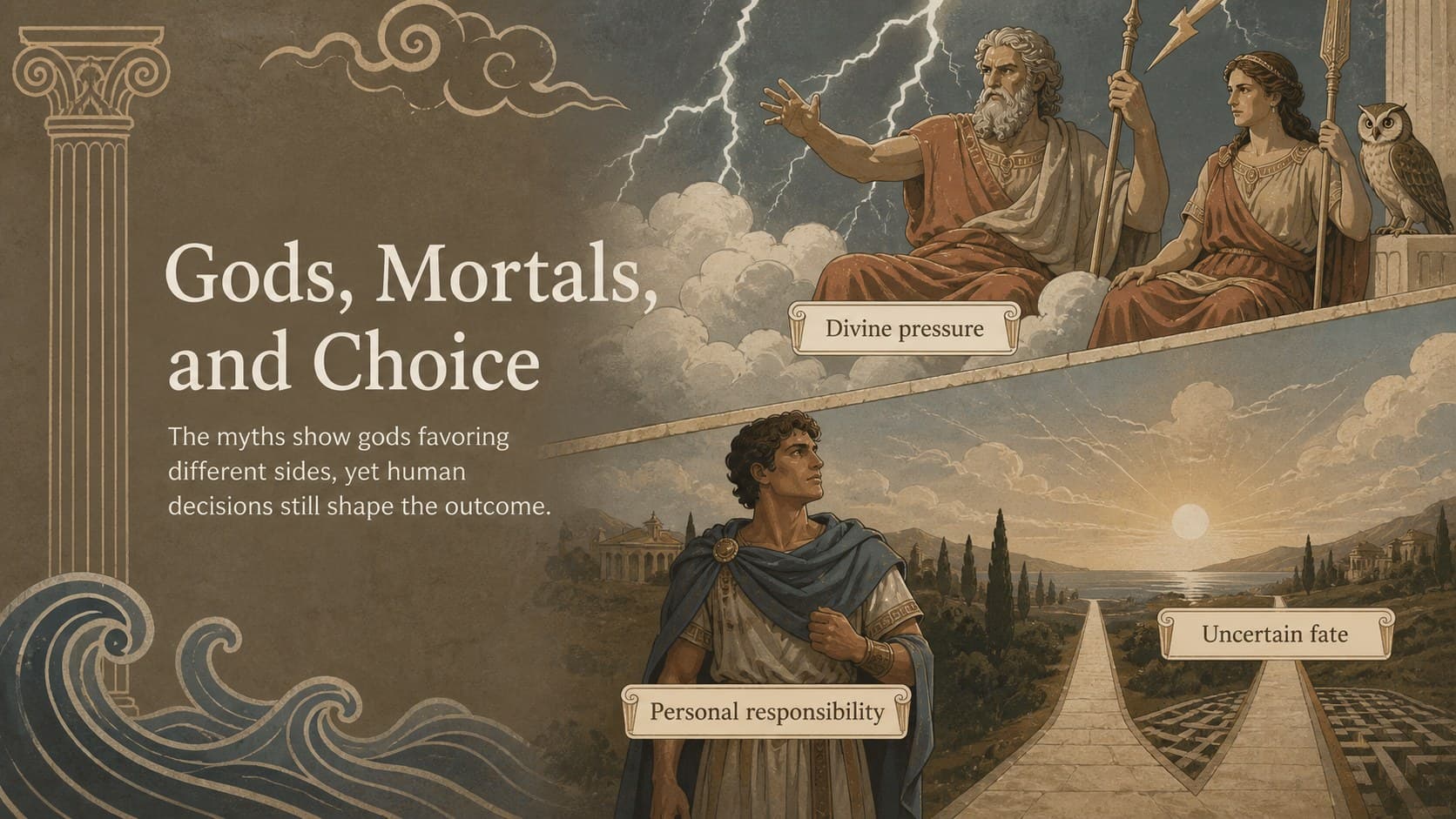 Gods and mortals discussion slide for a Greek mythology education presentation.