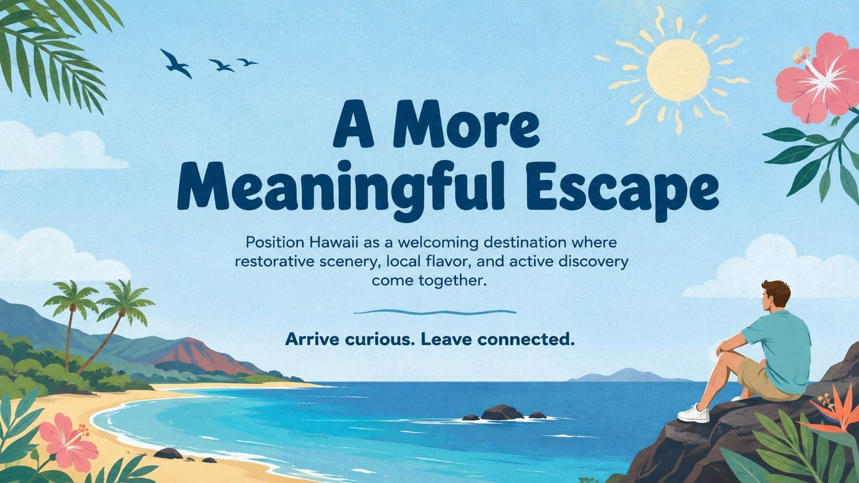 Island destination campaign template slide presenting a concise positioning statement and campaign promise.