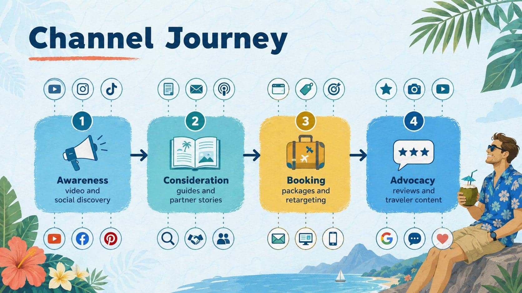 Destination marketing plan slide mapping awareness, consideration, booking, and advocacy channels.