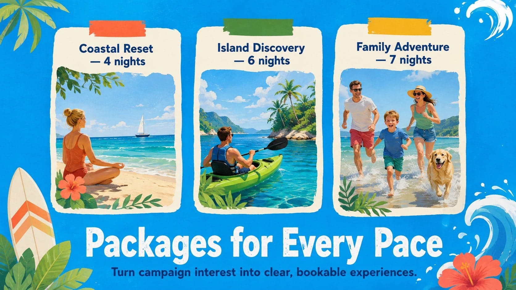 Vacation package marketing presentation slide comparing three customizable Hawaii travel offers.