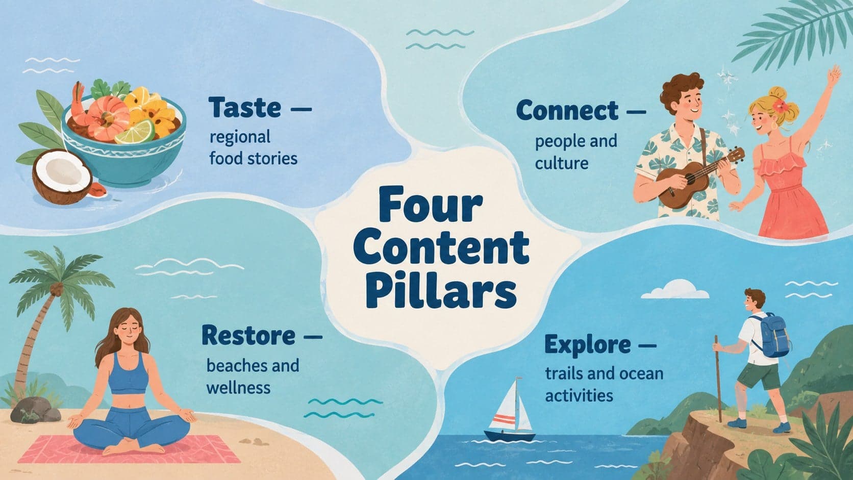 Blue illustrated tourism slides page showing four content pillars for a Hawaii promotional campaign.