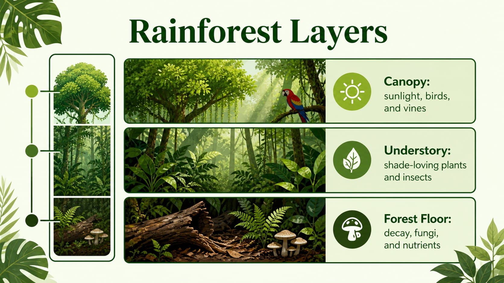 Tropical forest layers lesson slide showing canopy, understory, and forest floor in an educational layout.