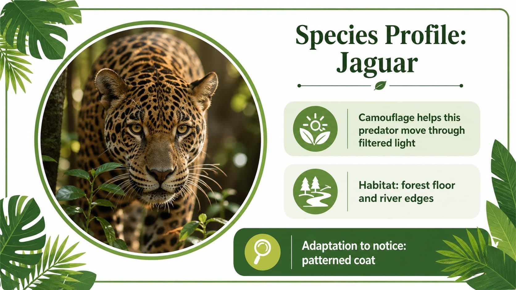 Rainforest wildlife profile slide presenting an animal adaptation with a large photo frame.