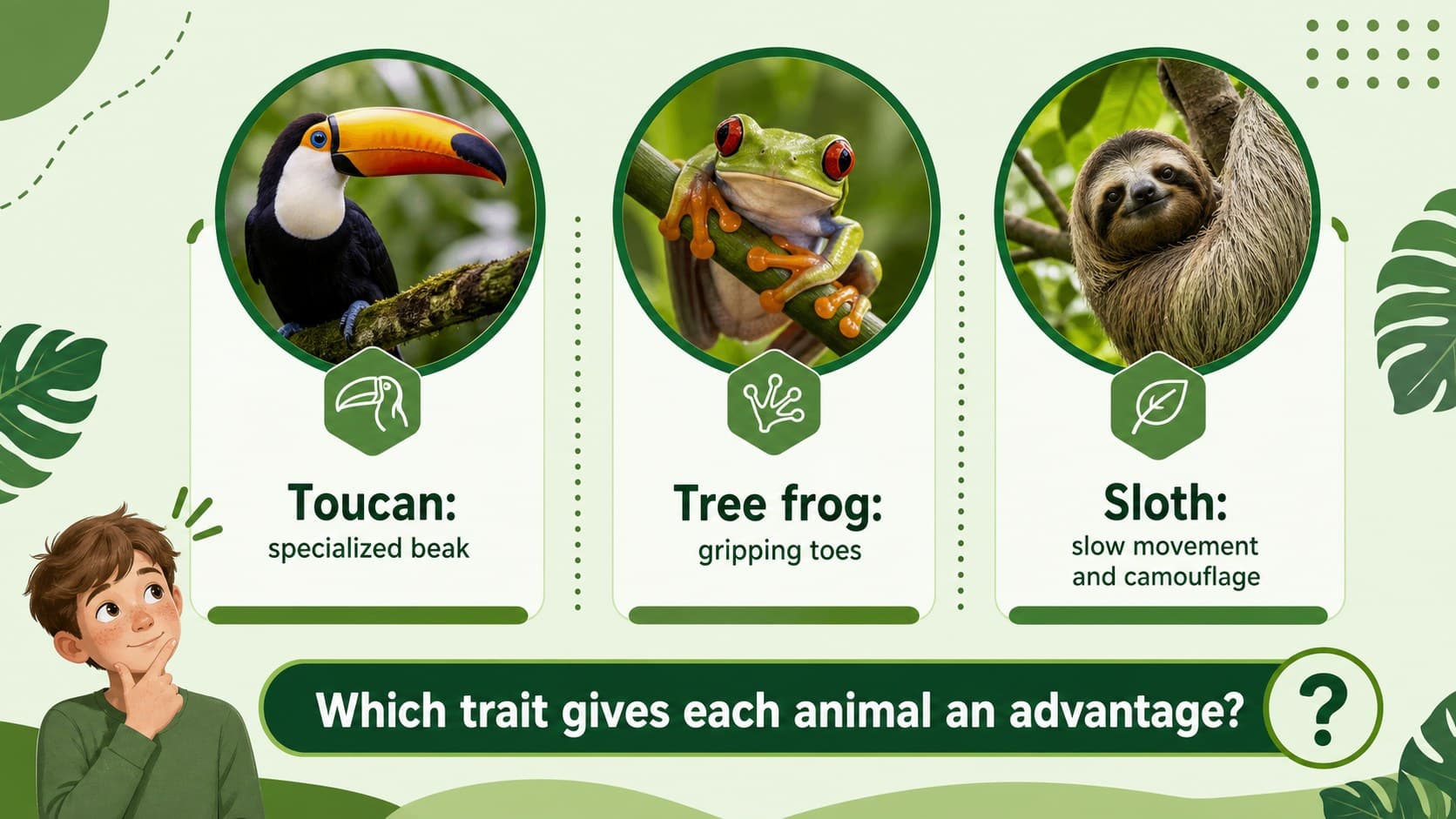 Animal adaptations classroom slide comparing rainforest traits with concise biology notes.