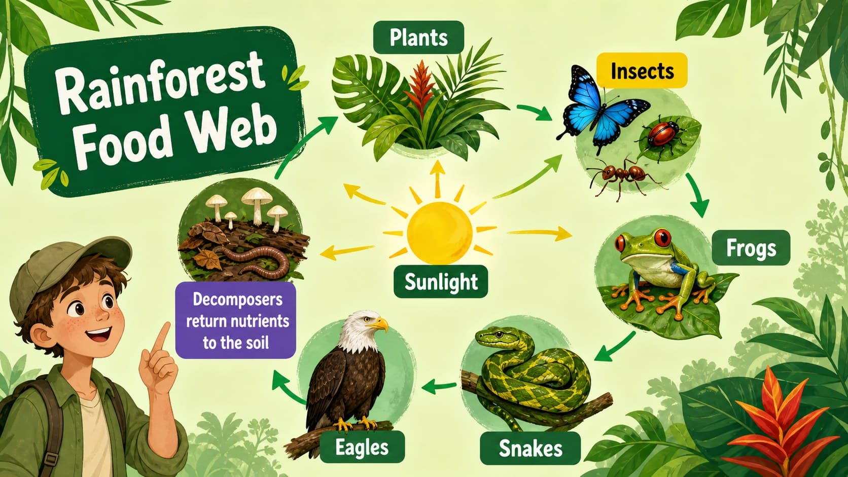 Tropical forest food web slide mapping producers, consumers, and decomposers.
