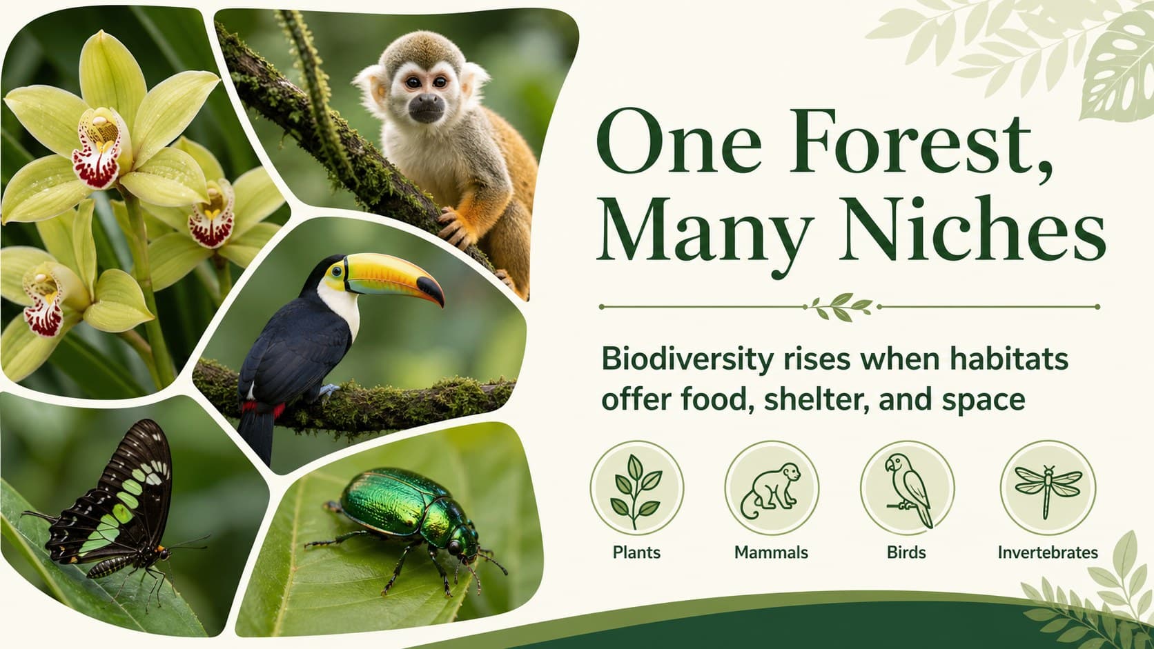 Rainforest biodiversity slide using image tiles to introduce plants and wildlife species.