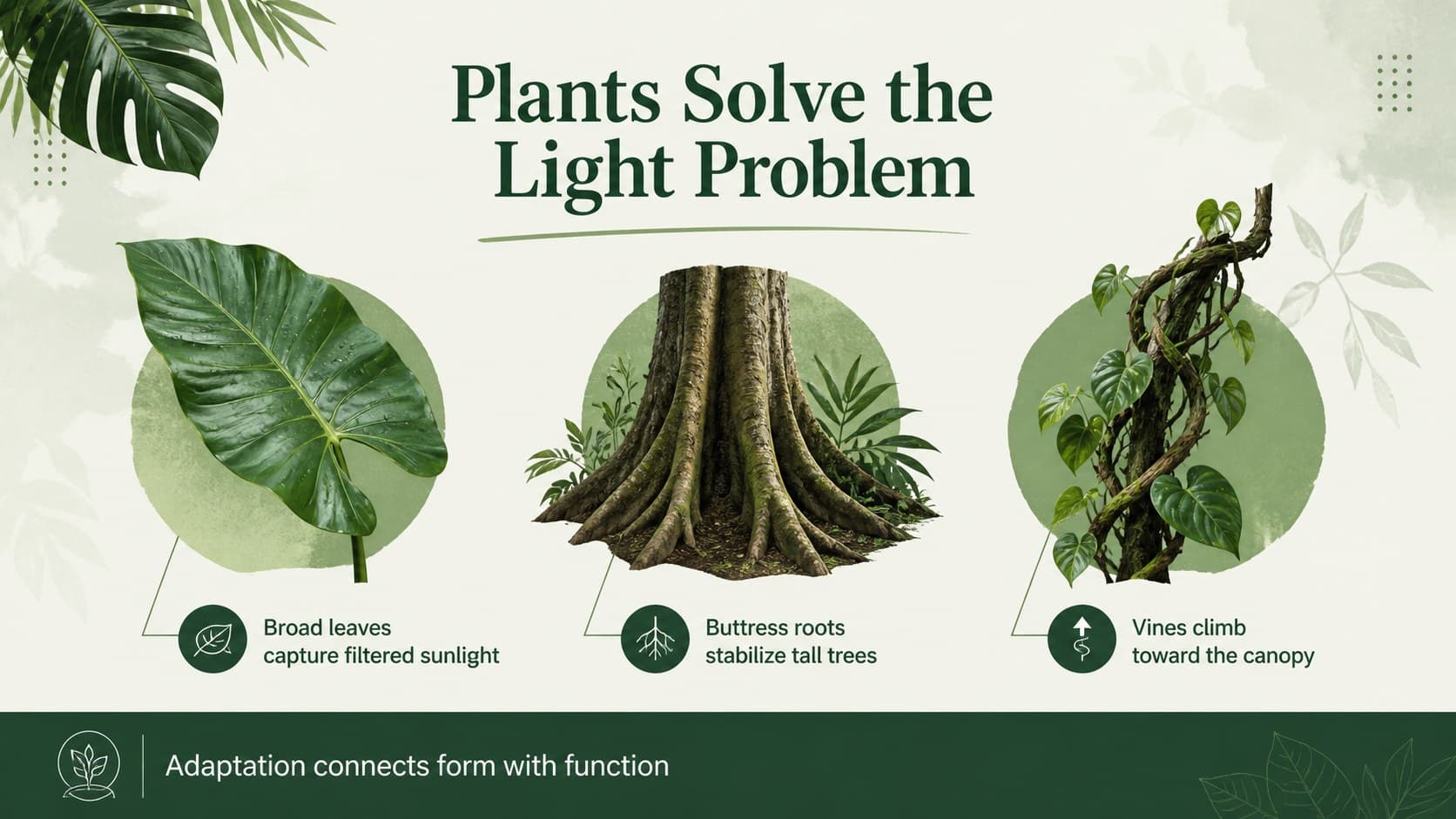 Rainforest plant adaptations slide featuring leaf, root, and vine examples for biology class.