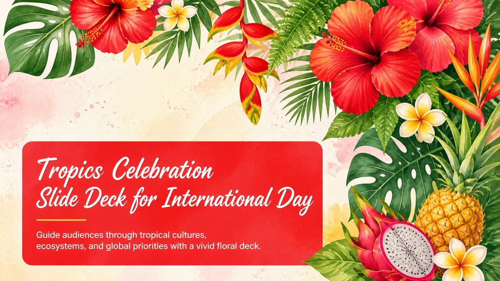 Cover of a Tropics Celebration Slide Deck with vivid red watercolor flowers and tropical foliage.