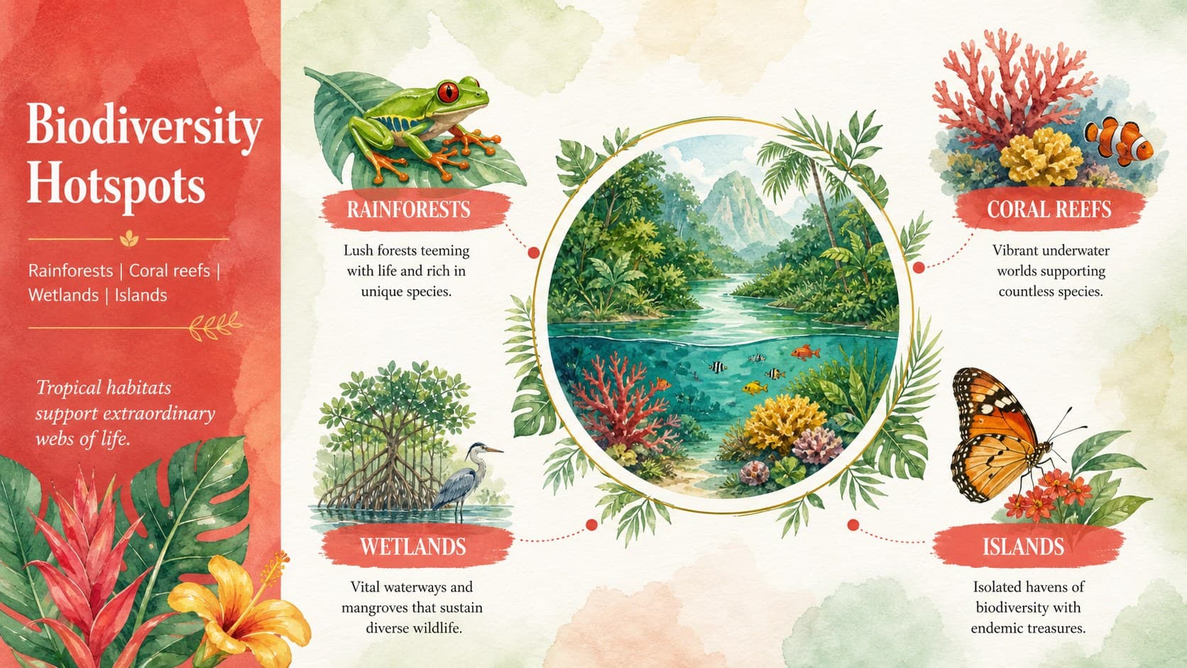 Tropical biodiversity presentation template slide with rainforest, reef, wetland, and island habitats.