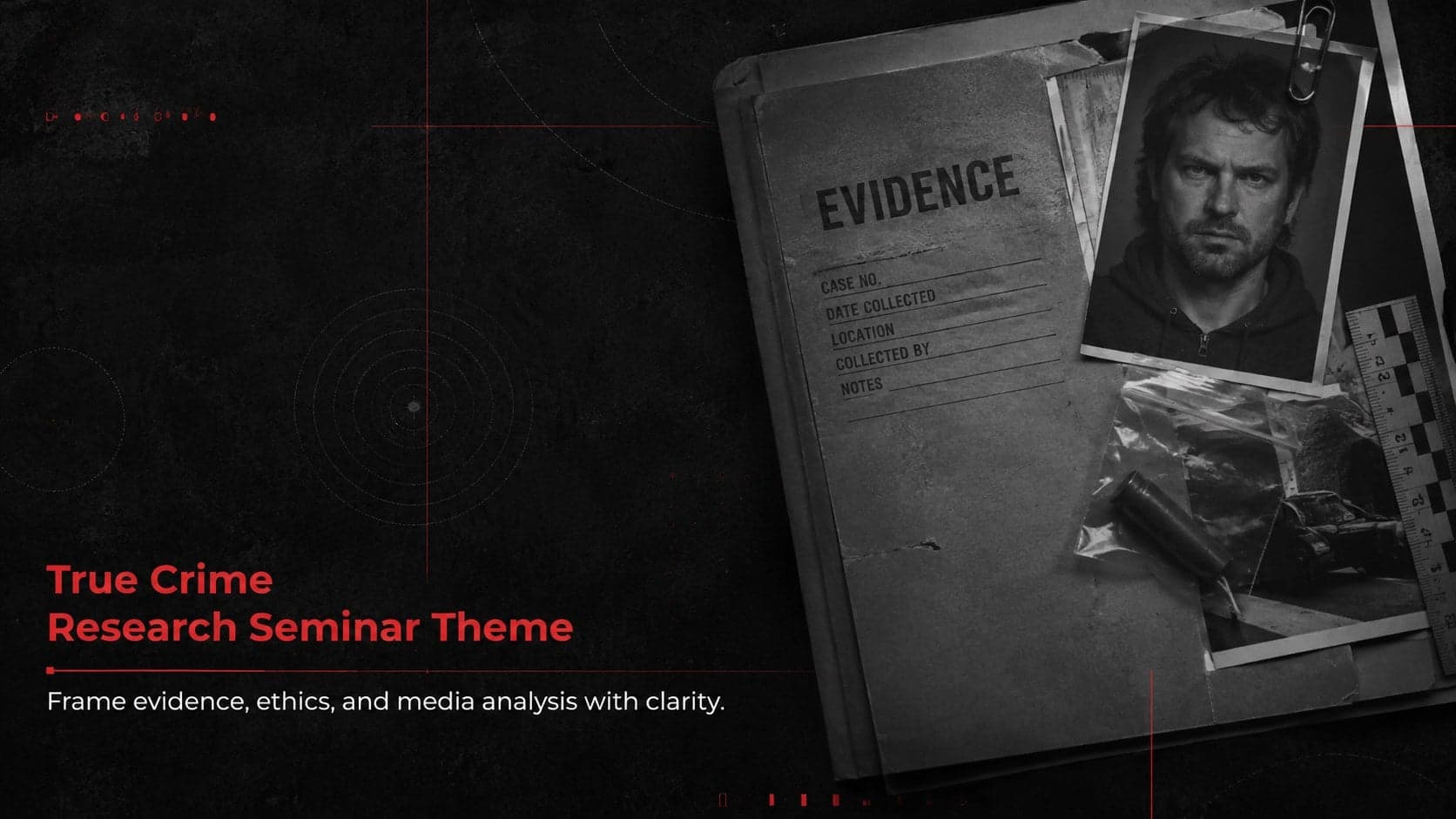 Cover for a True Crime Research Seminar Theme with stark editorial typography and red investigative accents.
