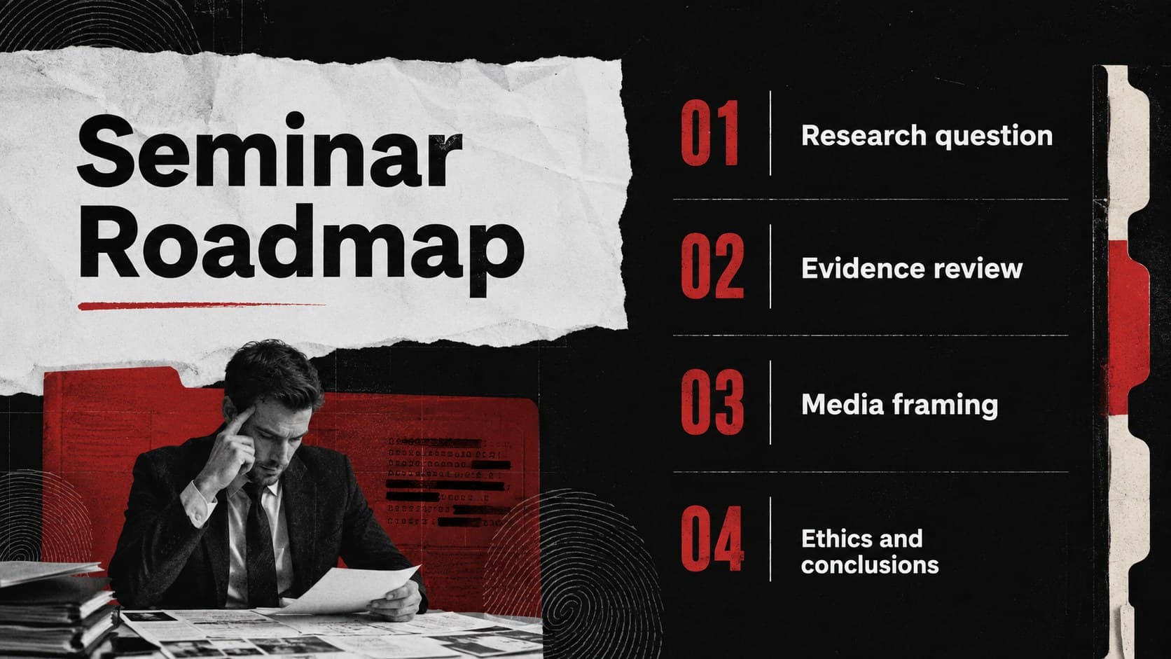 Minimal criminology seminar agenda slide listing research, evidence, media, and ethics topics.