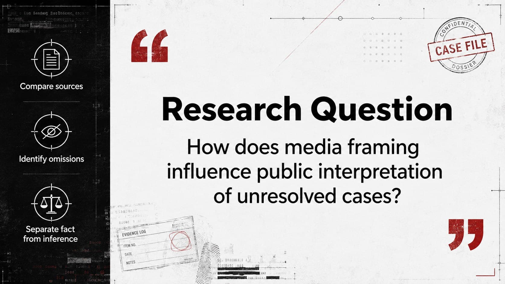 True crime research question slide with a bold academic inquiry and supporting objectives.