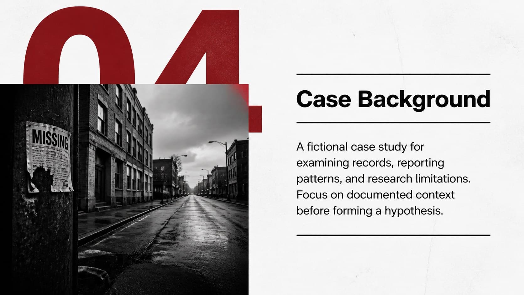College criminology presentation template slide summarizing a fictional case background.