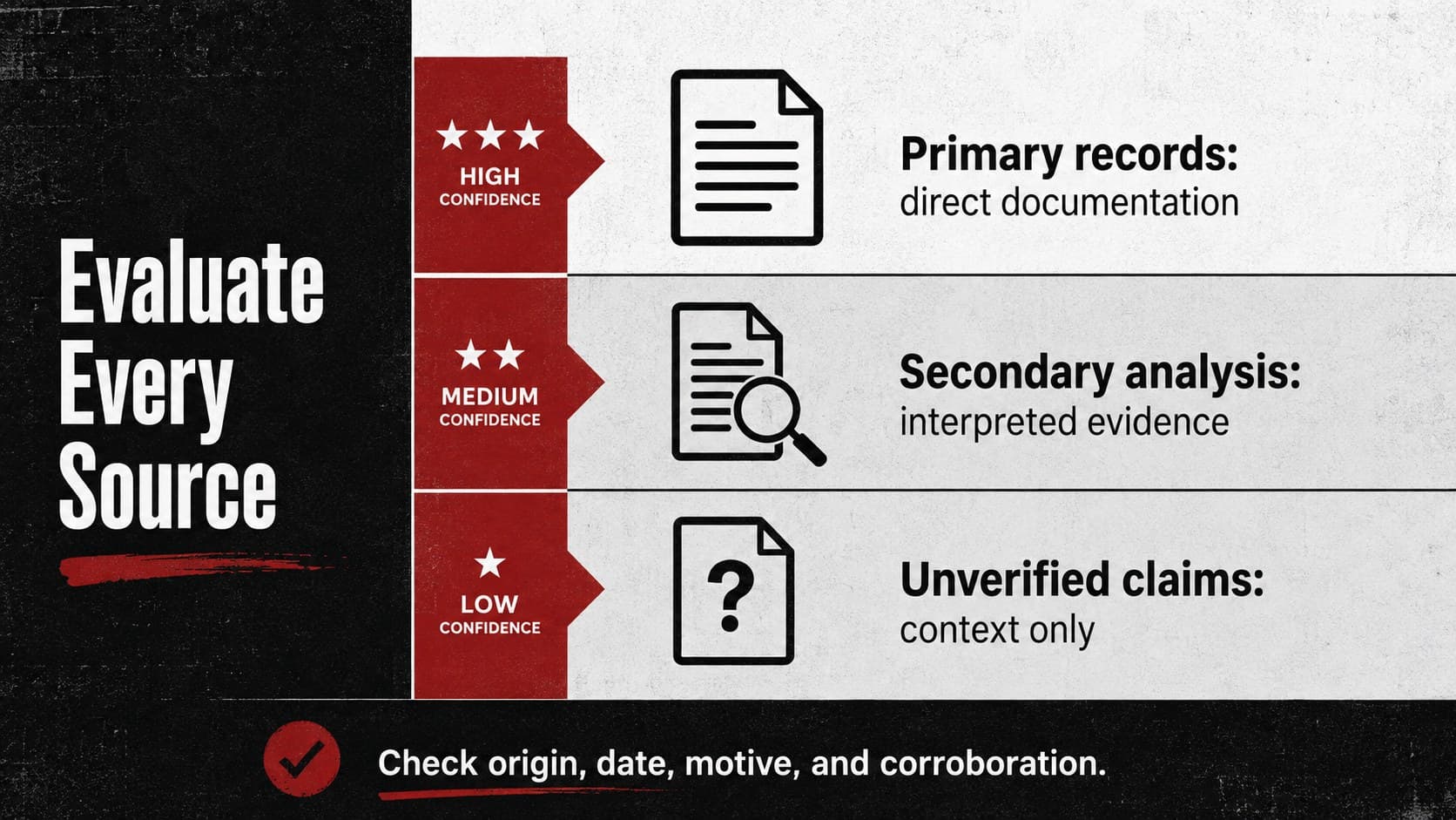 Evidence evaluation lecture slide comparing primary, secondary, and unverified information sources.