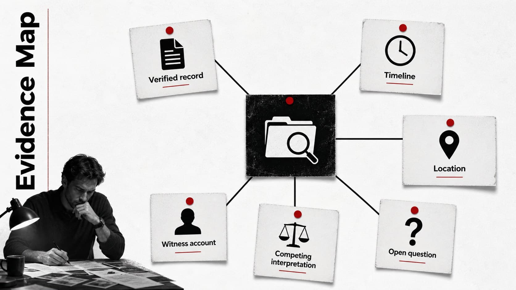 Criminal justice seminar slide displaying an evidence map with facts, gaps, and competing interpretations.