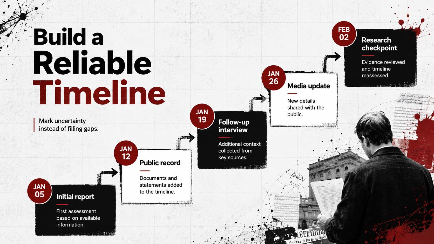 True crime research methods presentation slide showing a chronological case timeline.