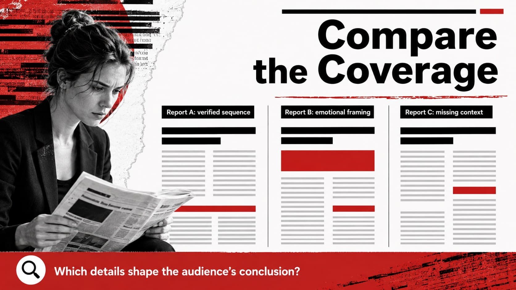 Media bias case study deck slide comparing factual emphasis across three news reports.