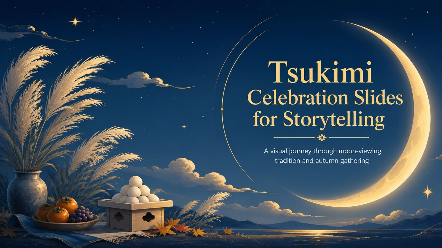 Cover slide introducing Tsukimi celebration slides with a blue night sky, yellow moon, and illustrated autumn festival details.