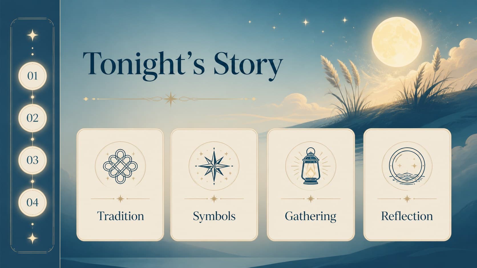 Agenda slide outlining a Japanese moon-viewing lesson with illustrated moon, grass, and seasonal motifs.