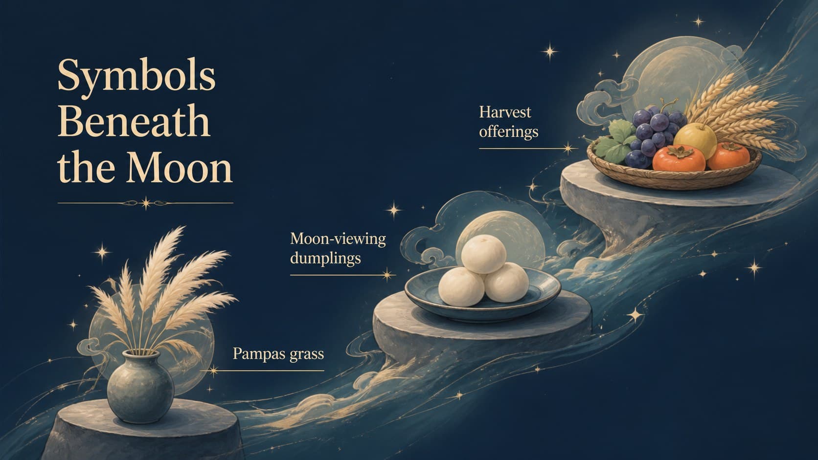 Seasonal symbols slide featuring pampas grass, rice cakes, and a glowing harvest moon.