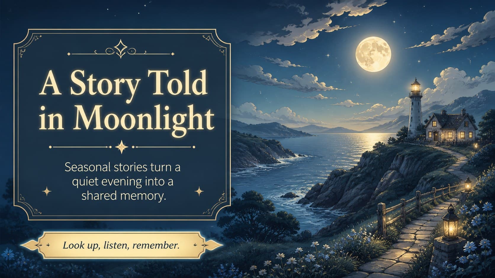 Folklore slide presenting a short moon-viewing story with an illustrated night scene.