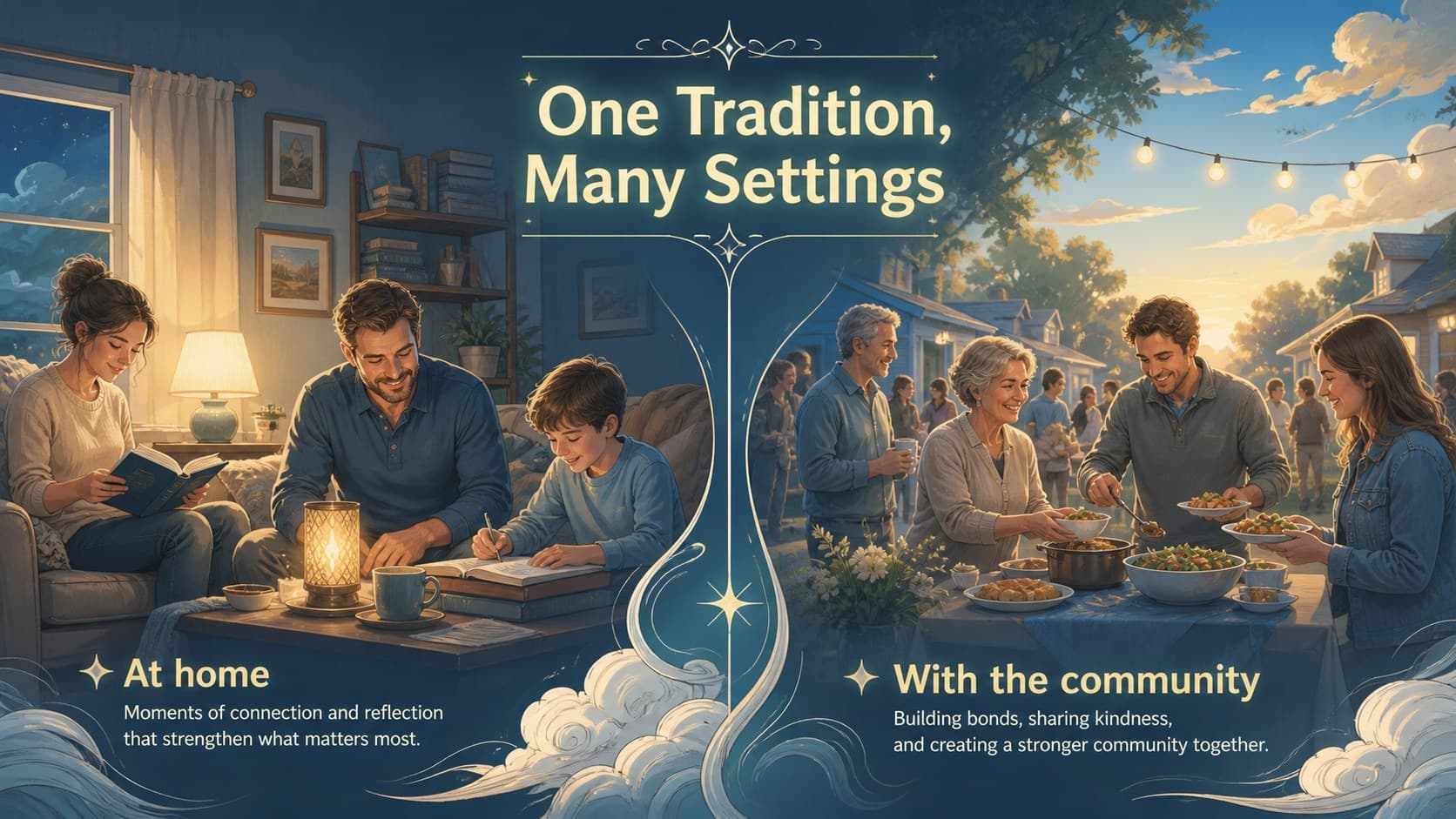 Comparison slide contrasting a traditional moon-viewing setting with a modern community gathering.