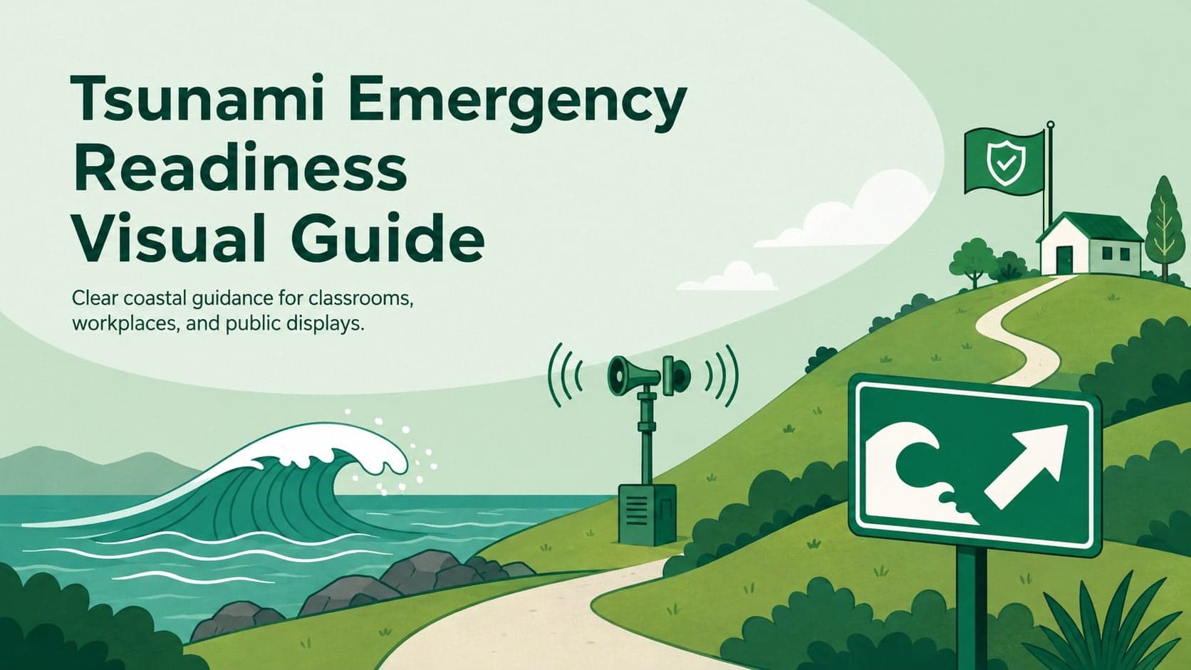 Cover of a green illustrated tsunami emergency readiness visual guide with coastal warning and evacuation symbols.