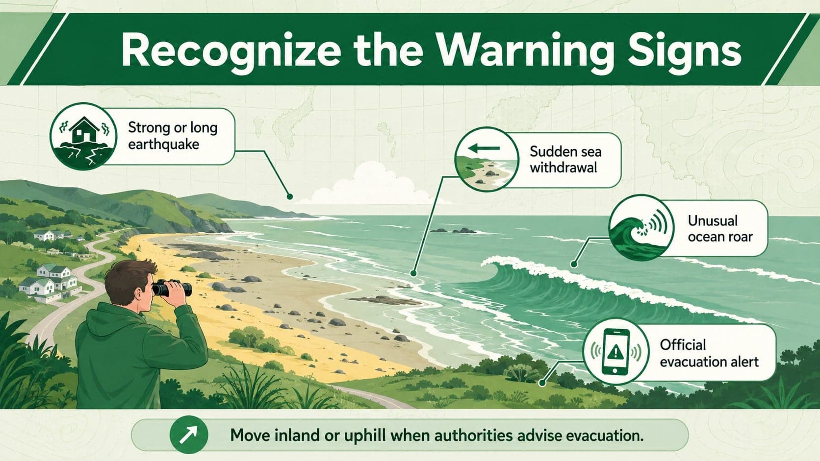 Green tsunami warning signs presentation slide showing natural alerts and official notification methods.