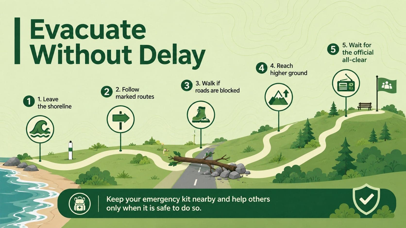 Tsunami evacuation checklist slide with illustrated route steps leading from the coast to higher ground.