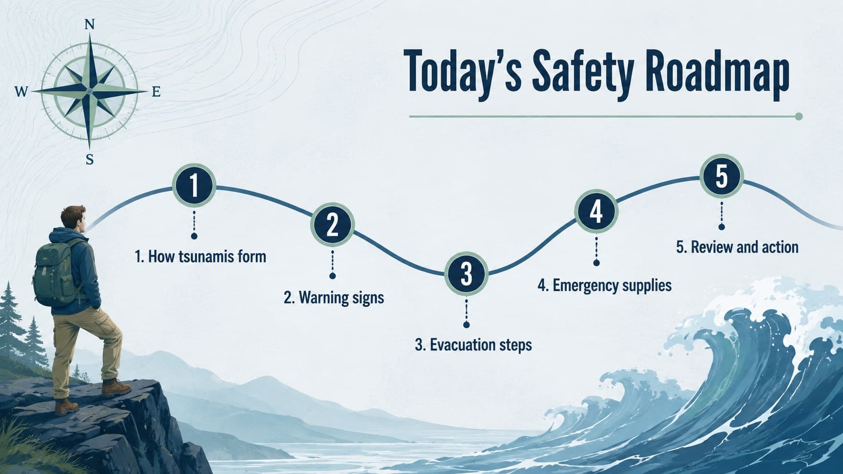 Tsunami preparedness lesson roadmap showing five coastal safety topics in a blue and green layout.