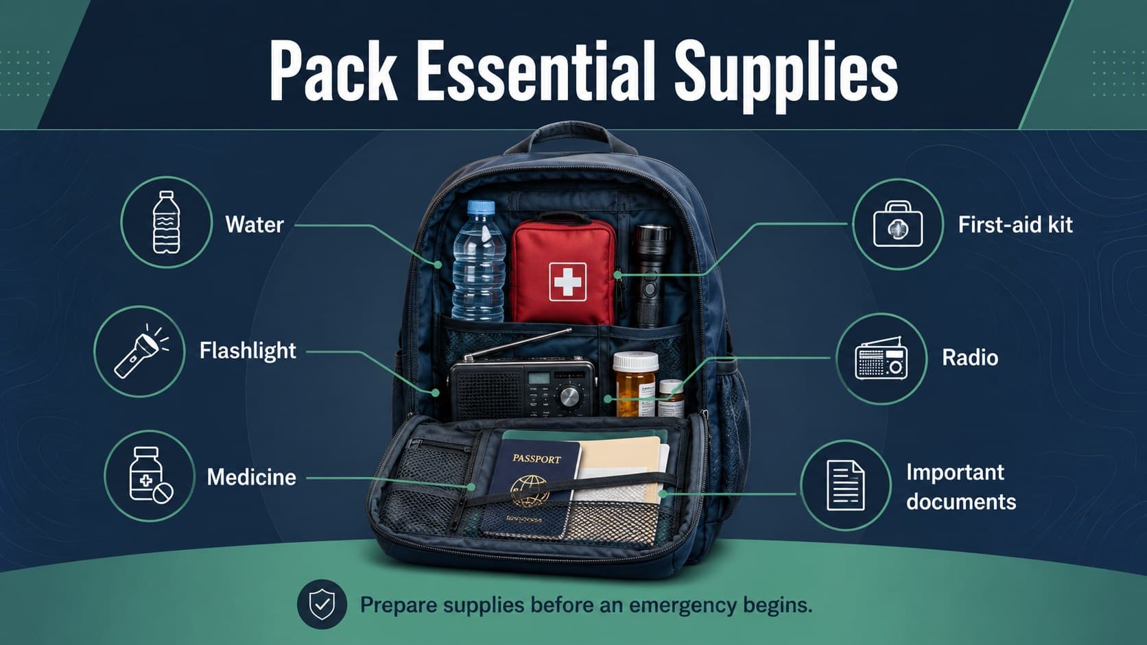 Tsunami safety presentation slide listing essential emergency kit supplies.