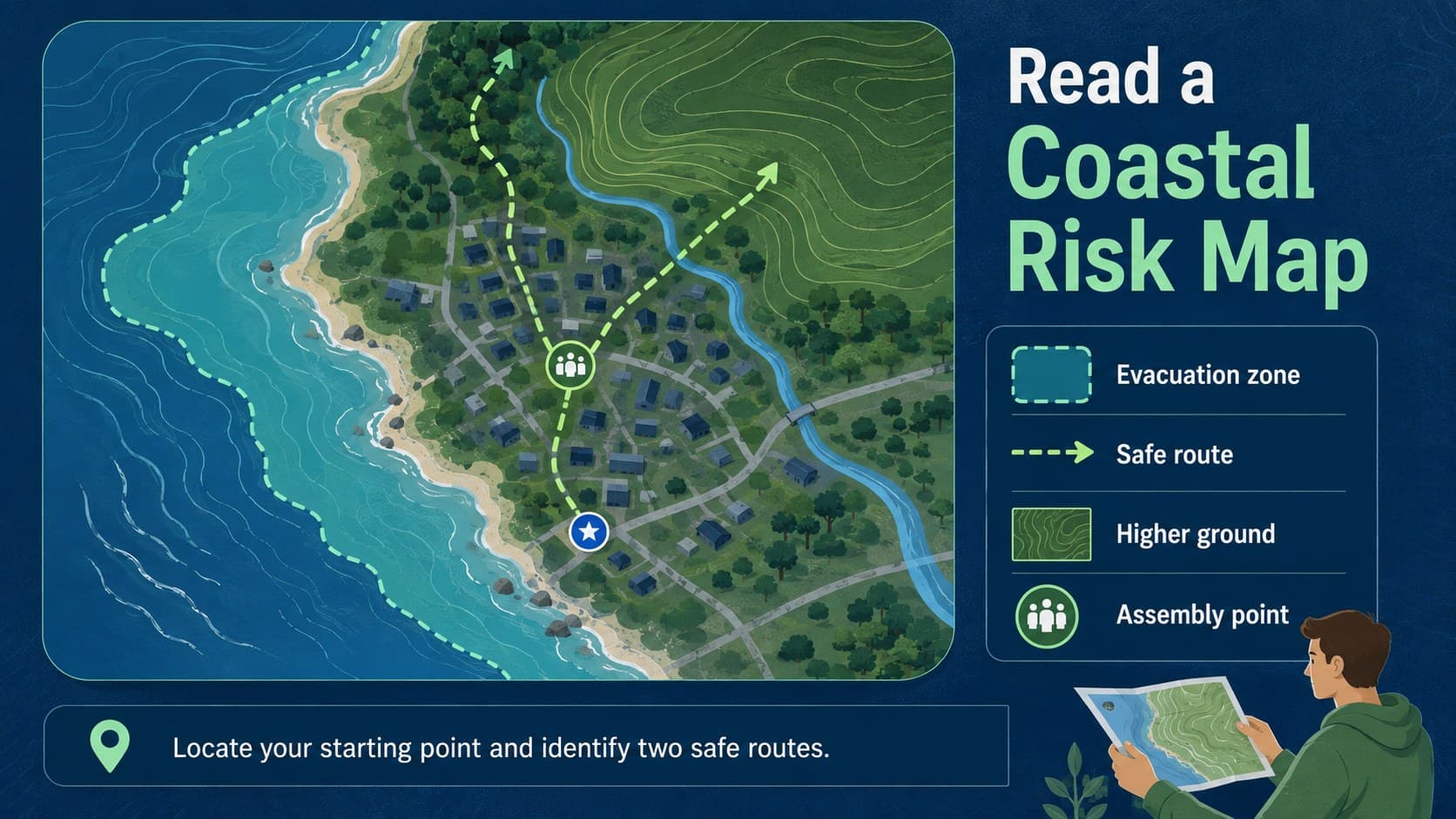 Coastal hazard map slide identifying evacuation zones, routes, and safe assembly points.