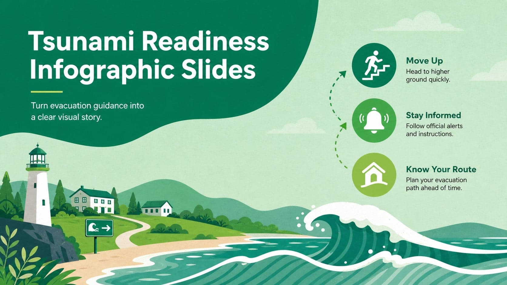 Cover of the Tsunami Readiness Infographic Slides with green coastal safety illustrations and evacuation symbols.